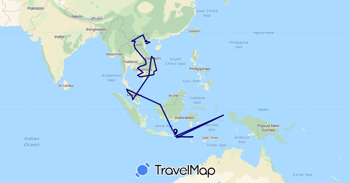 TravelMap itinerary: driving in Indonesia, Cambodia, Laos, Malaysia, Vietnam (Asia)
